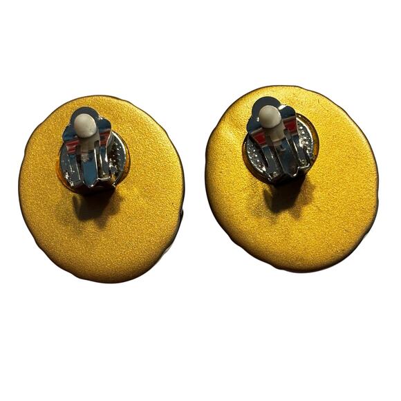 Chunky clip on earrings beige & sage swirl enamel on gold tone vintage runway - Picture 4 of 5